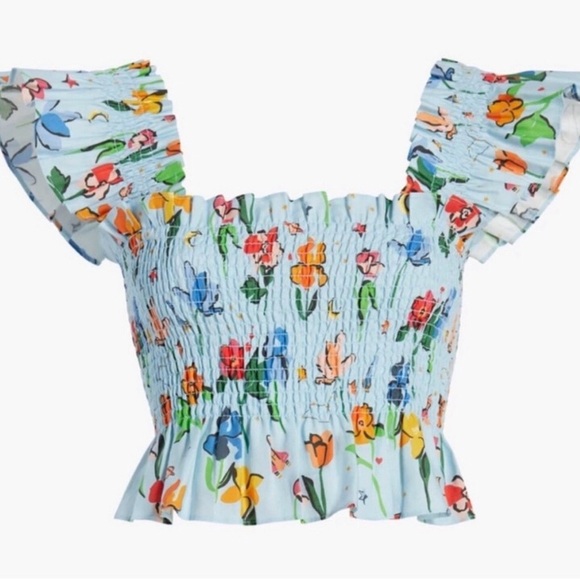 Hill House Linen Floral Ruffle Sleeve Smocked Crop Top - Picture 3 of 8